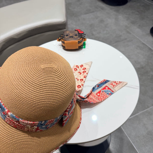 Chapeau Chanel à nœud ruban Camel en paille 205601