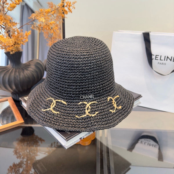 Chanel Chapeau Pliant d'Été Noir en Paille 205441
