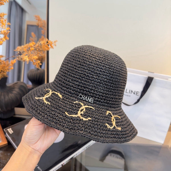 Chanel Chapeau Pliant d'Été Noir en Paille 205441