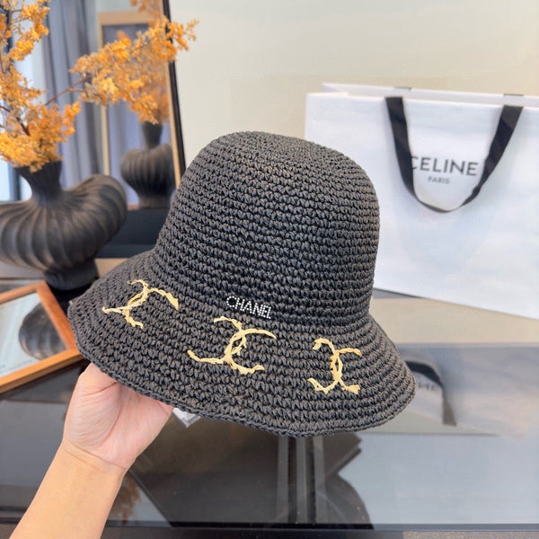 Chanel Chapeau Pliant d'Été Noir en Paille 205441