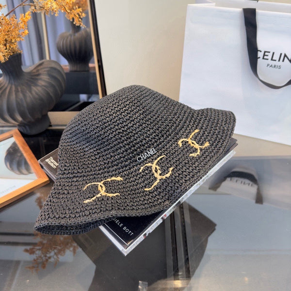 Chanel Chapeau Pliant d'Été Noir en Paille 205441