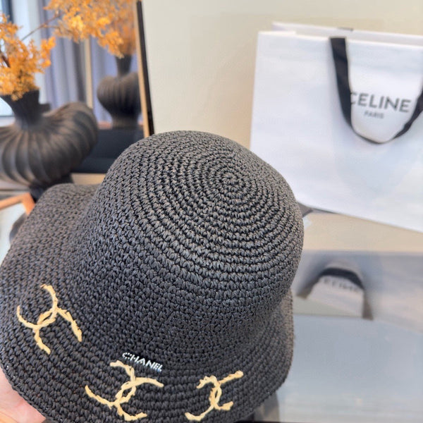 Chanel Chapeau Pliant d'Été Noir en Paille 205441