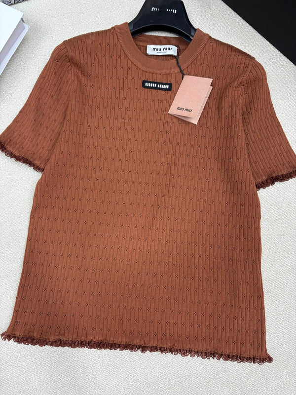 Miu Miu 26 Crew Neck Short-Sleeve Top Brown in Knitting 191311