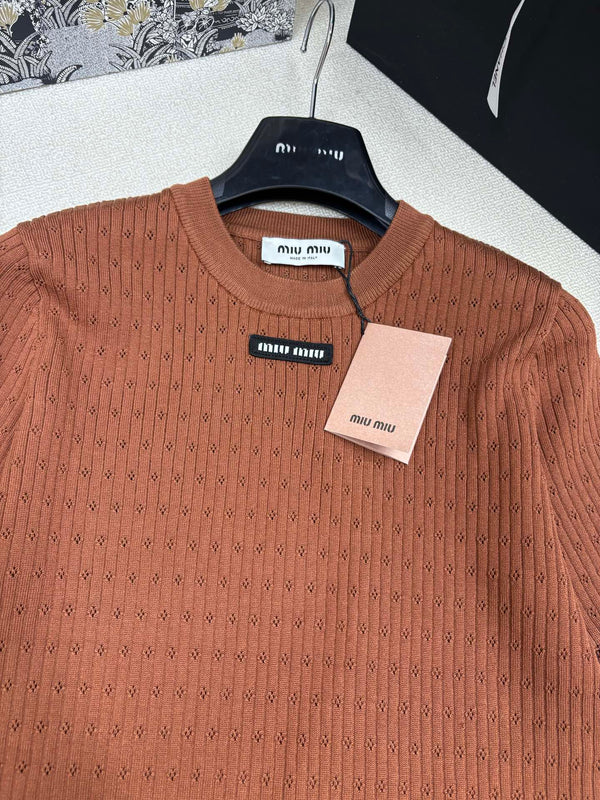 Miu Miu 26 Crew Neck Short-Sleeve Top Brown in Knitting 191311