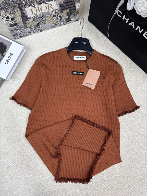 Miu Miu 26 Crew Neck Short-Sleeve Top Brown in Knitting 191311