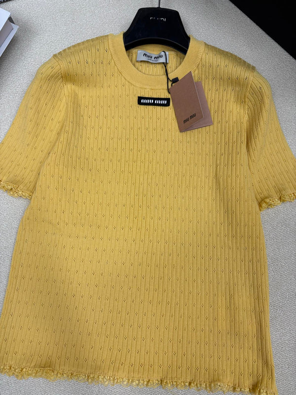 Miu Miu 26 Top col rond manches courtes jaune en tricot 191310