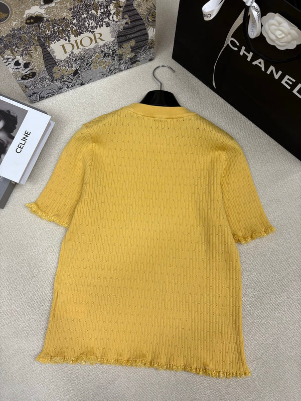 Miu Miu 26 Top col rond manches courtes jaune en tricot 191310