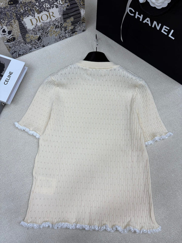 Miu Miu 26 Top col ras du cou à manches courtes crème en tricot 191308