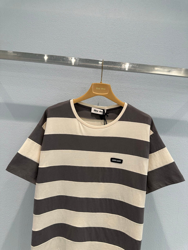 T-shirt Miu à manches courtes rayé marron et blanc en coton 191567