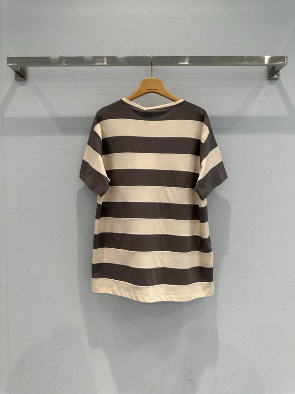 T-shirt Miu à manches courtes rayé marron et blanc en coton 191567