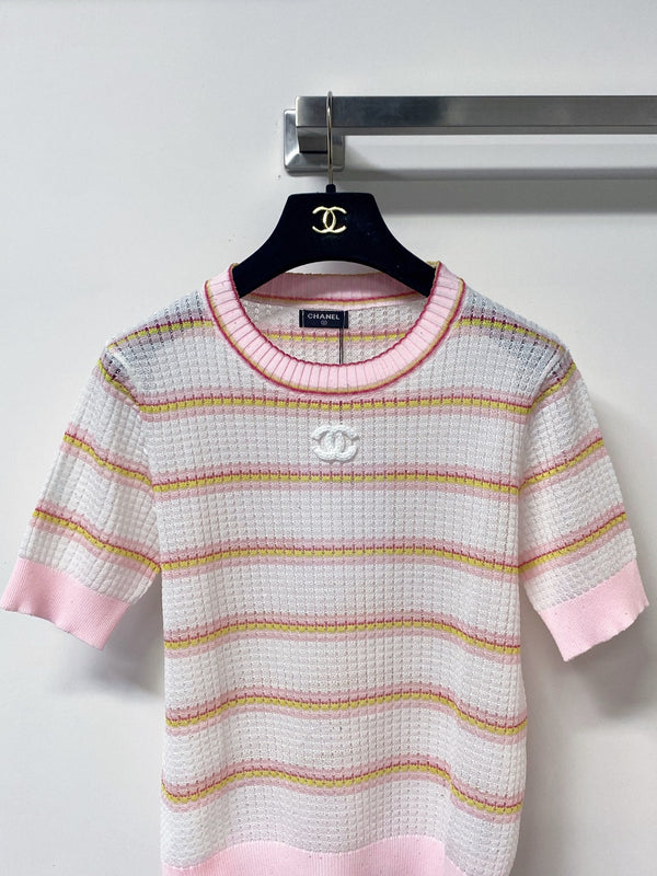 Chanel Two-Tone Short-Sleeve T-Shirt Pink White in Tencel 194366