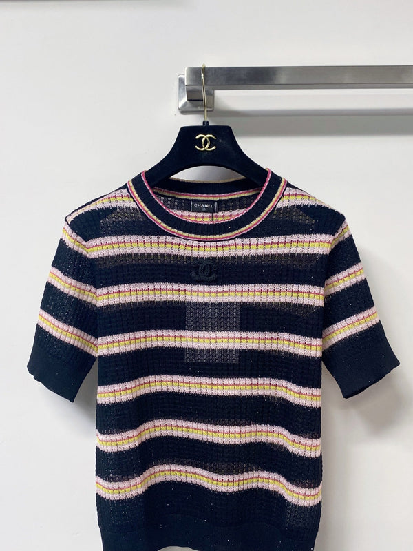 T-Shirt Chanel Bicolore Manches Courtes Rose Noir en Tencel 194365