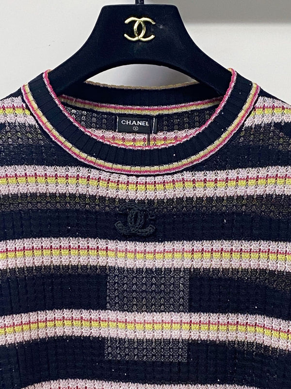 T-Shirt Chanel Bicolore Manches Courtes Rose Noir en Tencel 194365