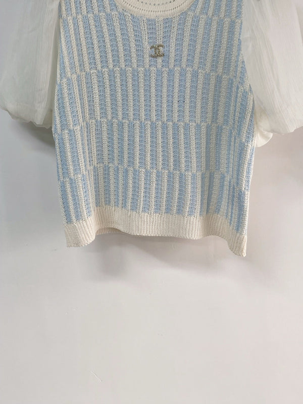 Chanel Manches Courtes Manches Bouffantes Bleu en Laine 194334