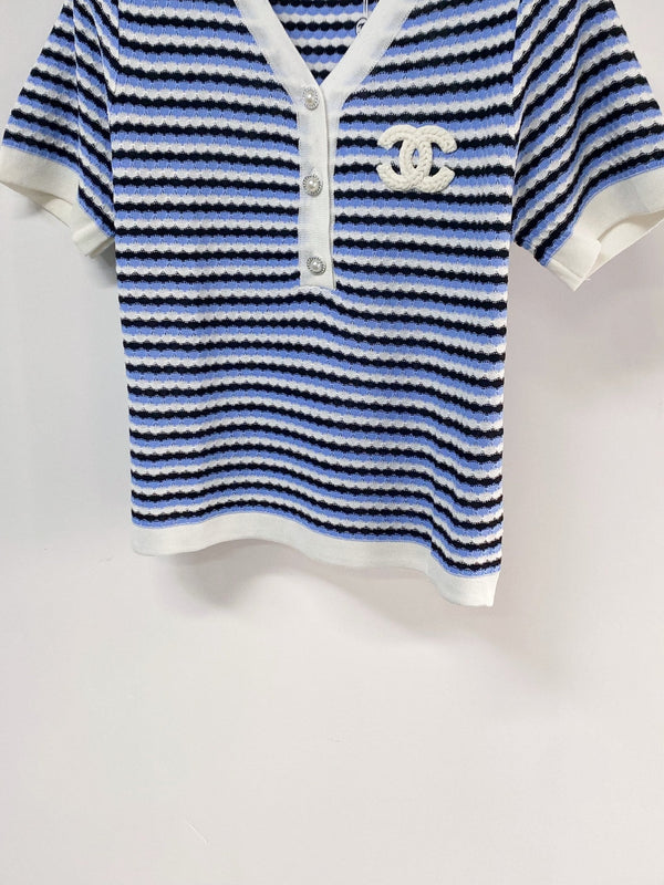 Chanel Two-Tone Short-Sleeve T-Shirt Blue White in Viscose 194326