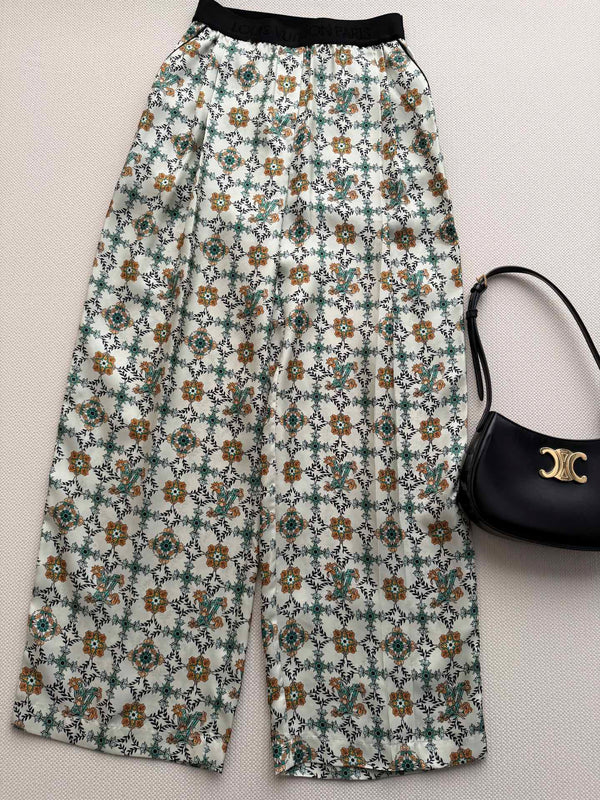 LV 26SS Printed Wide-Leg Pants Cream floral in Silk 198359