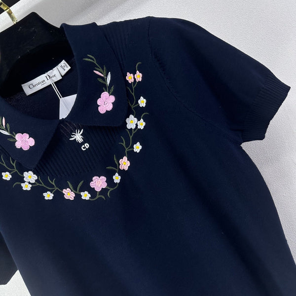 Dior Floral Embroidered Collared Knit Sweater Navy Blue in Viscose 360688