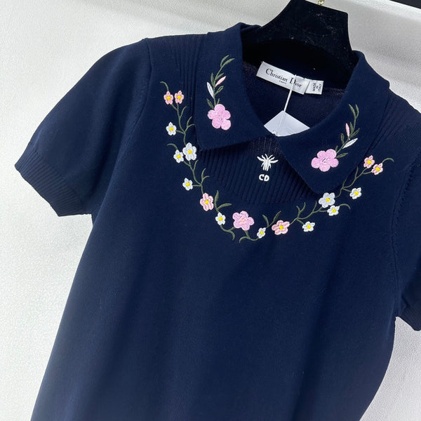 Dior Floral Embroidered Collared Knit Sweater Navy Blue in Viscose 360688