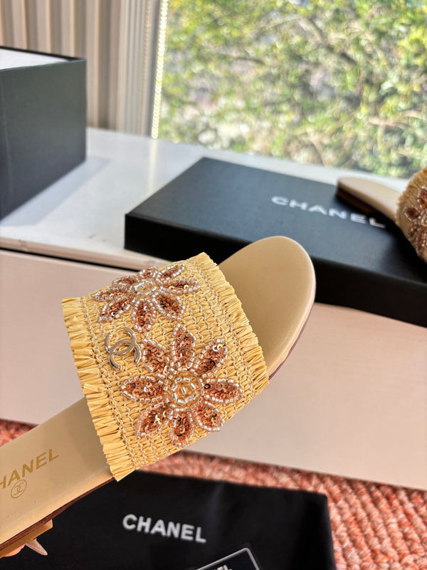 Chanel Bouclé Sandal Straw Yellow in Fabric Sheepskin 685950