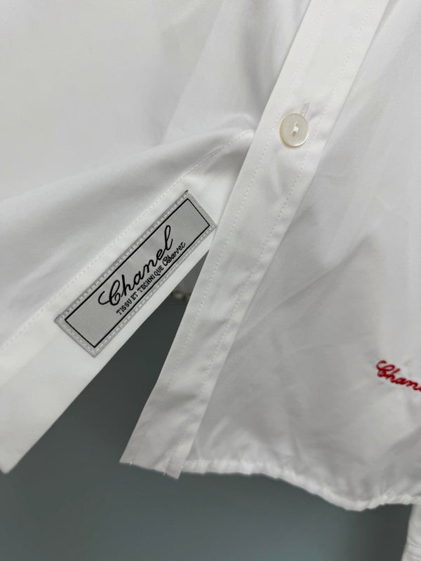 Chanel 26 Pearl Button Chain Trim Short White Shirt in Cotton 213056