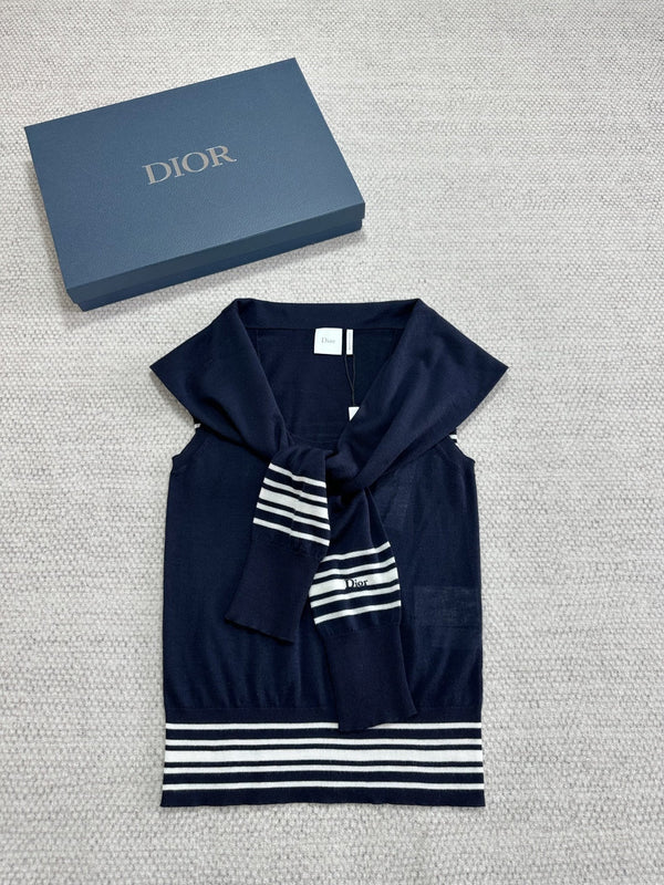 Dior Striped Shawl-style Knit Top Navy Blue in Cashmere 208799