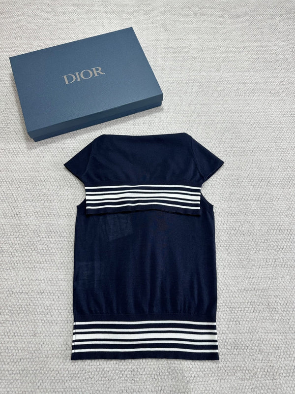 Dior Striped Shawl-style Knit Top Navy Blue in Cashmere 208799