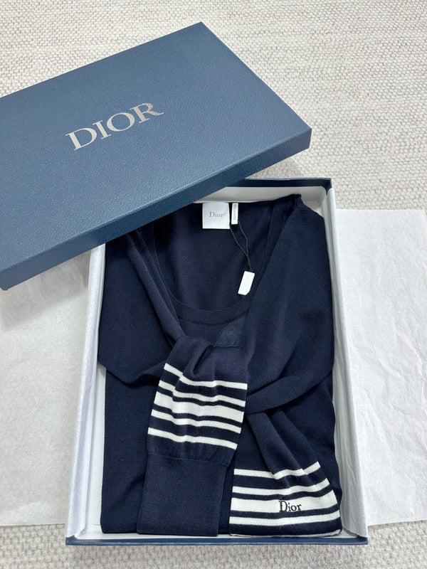 Dior Striped Shawl-style Knit Top Navy Blue in Cashmere 208799