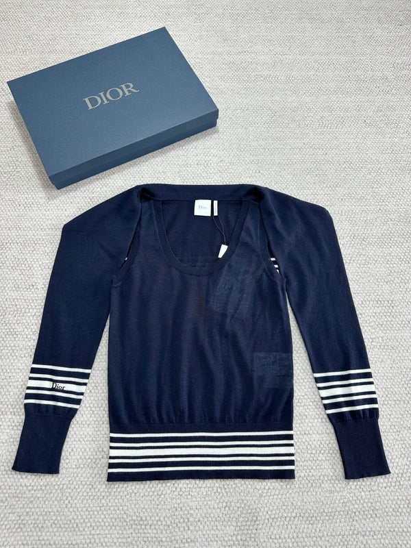 Dior Striped Shawl-style Knit Top Navy Blue in Cashmere 208799