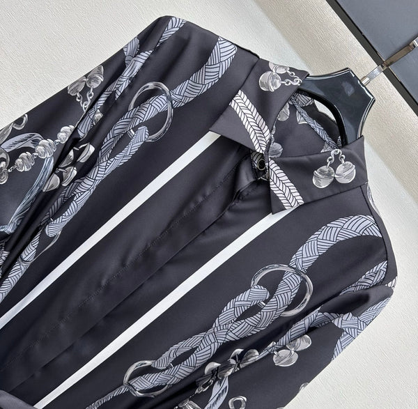 HM 26 Robe chemise imprimée avec ceinture Noire en Soie de mûrier 180932