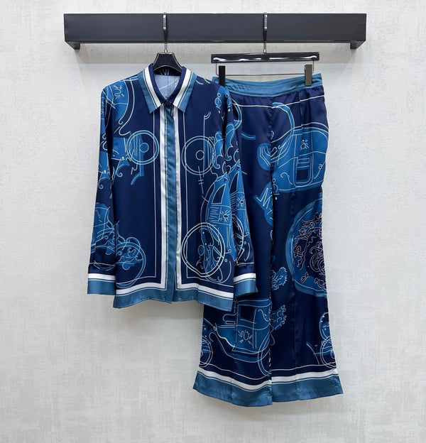 HM 26 Printed Straight-Leg Trousers Blue in Mulberry Silk 172275