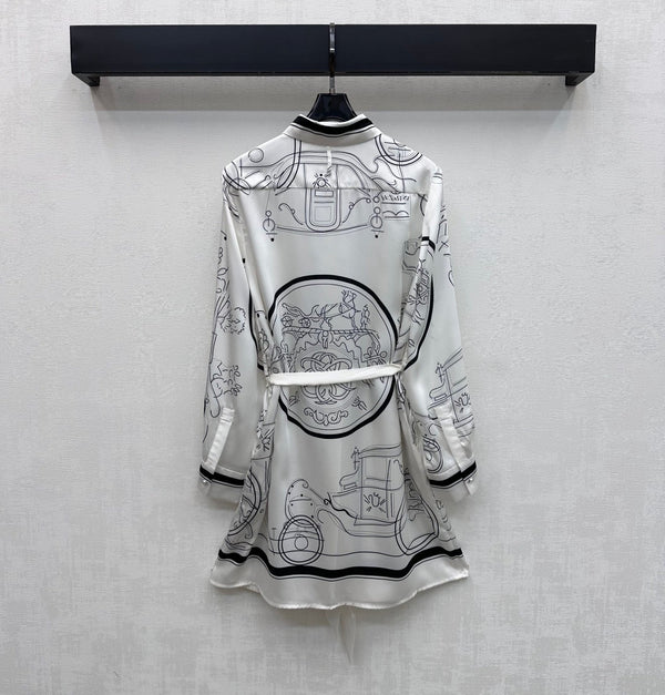 HM 26 Printed Shirt Dress with Belt White in Mulberry Silk 172272