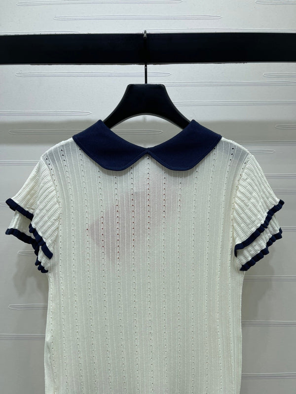 Miu Miu 26 Collar Openwork Short-sleeved Top White in Tencel 221742