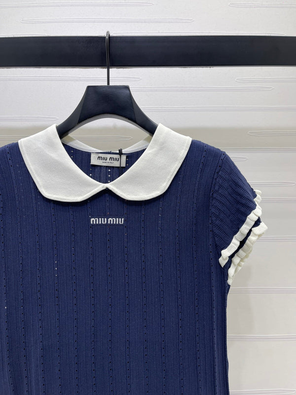 Miu Miu 26 Collar Openwork Short-sleeved Top Navy Blue in Tencel 221741