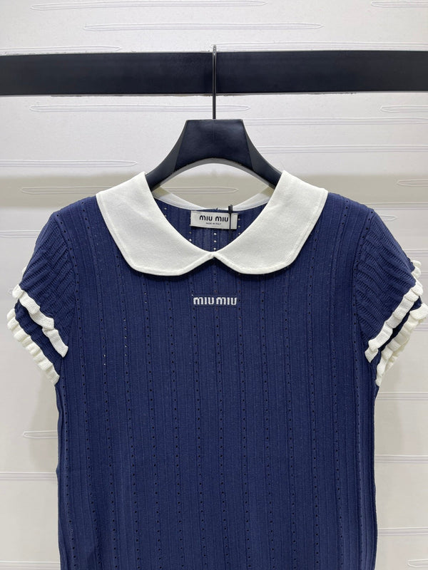 Miu Miu 26 Collar Openwork Short-sleeved Top Navy Blue in Tencel 221741