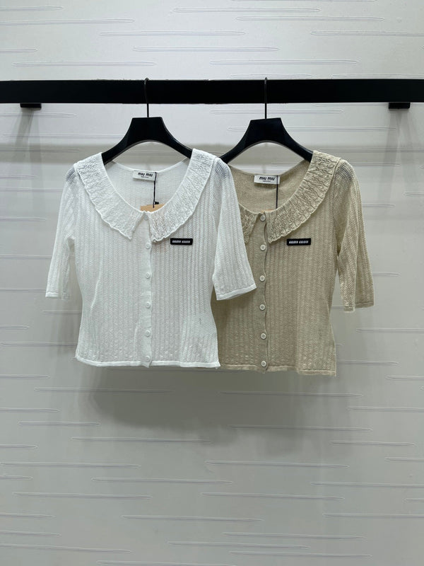 Miu Miu 26 Cardigan col montant manches courtes blanc en coton 221703