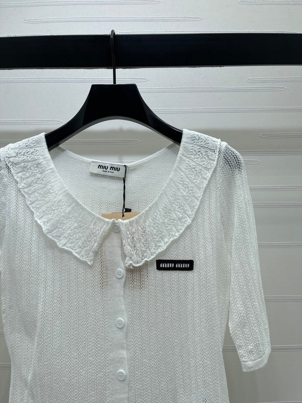 Miu Miu 26 Cardigan col montant manches courtes blanc en coton 221703