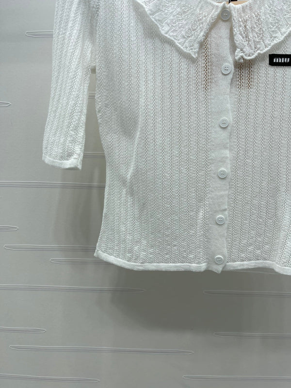 Miu Miu 26 Cardigan col montant manches courtes blanc en coton 221703