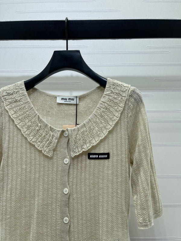 Cardigan court col chemise Miu Miu 26 en coton beige 221702