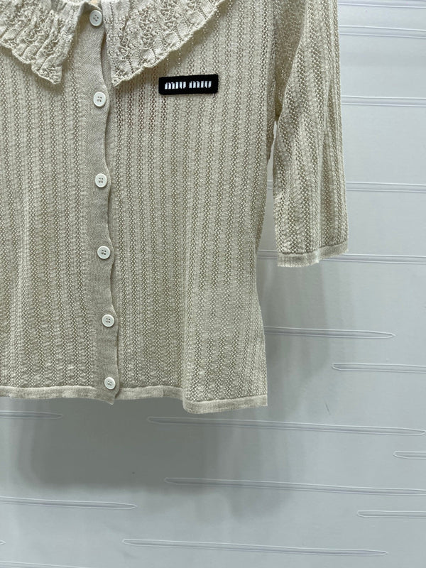 Cardigan court col chemise Miu Miu 26 en coton beige 221702