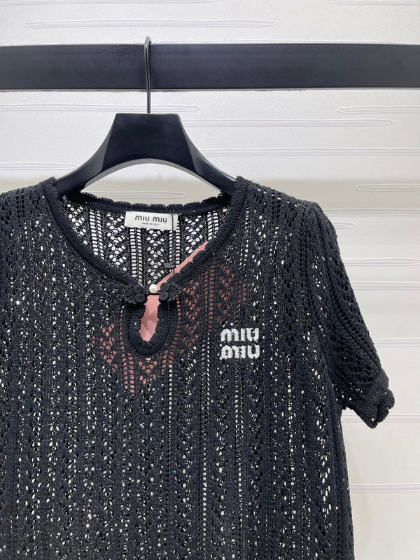 Miu Miu 26 Crew Neck Short-Sleeve Top Black in Wool 221700