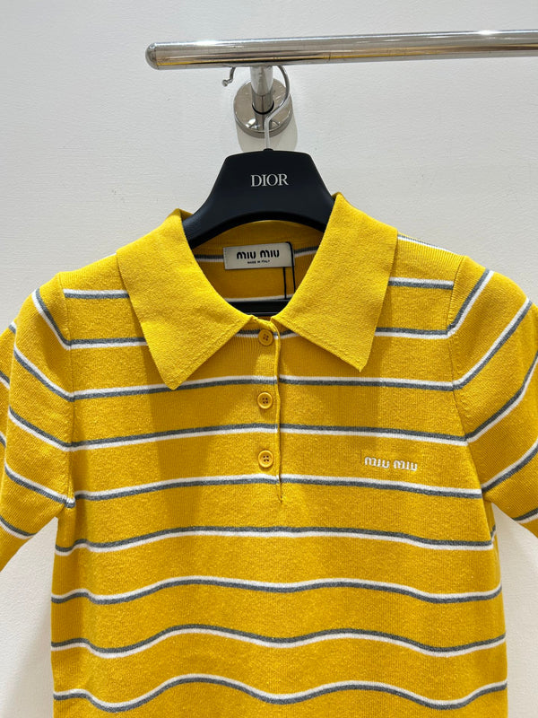 T-shirt en coton tricoté rayé jaune à manches courtes Miu Miu 221234