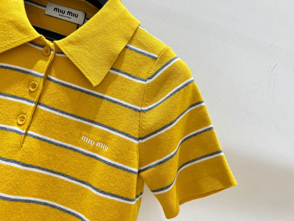 T-shirt en coton tricoté rayé jaune à manches courtes Miu Miu 221234