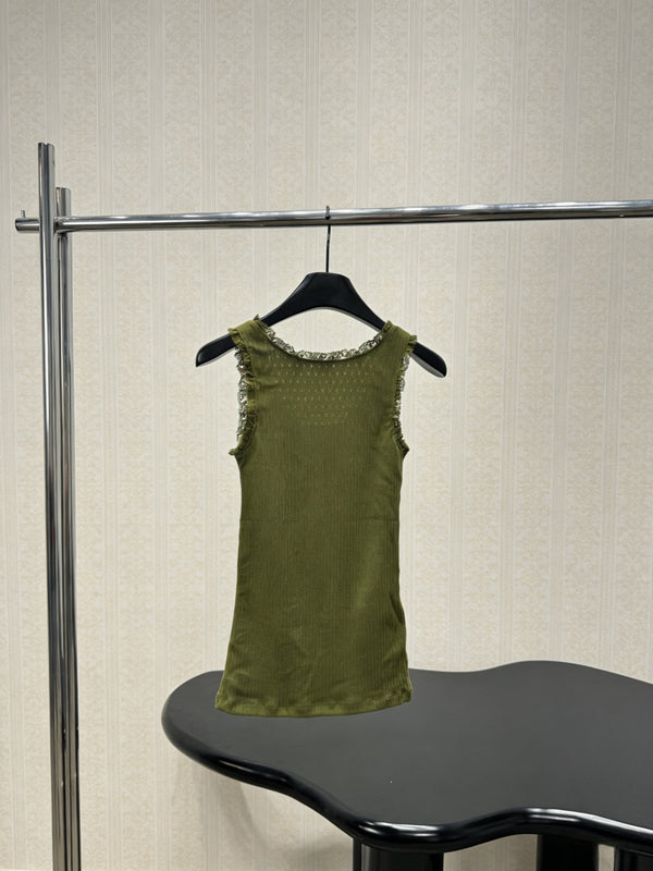 Miu Miu Gilet en maille vert olive orné de dentelle en coton 219026