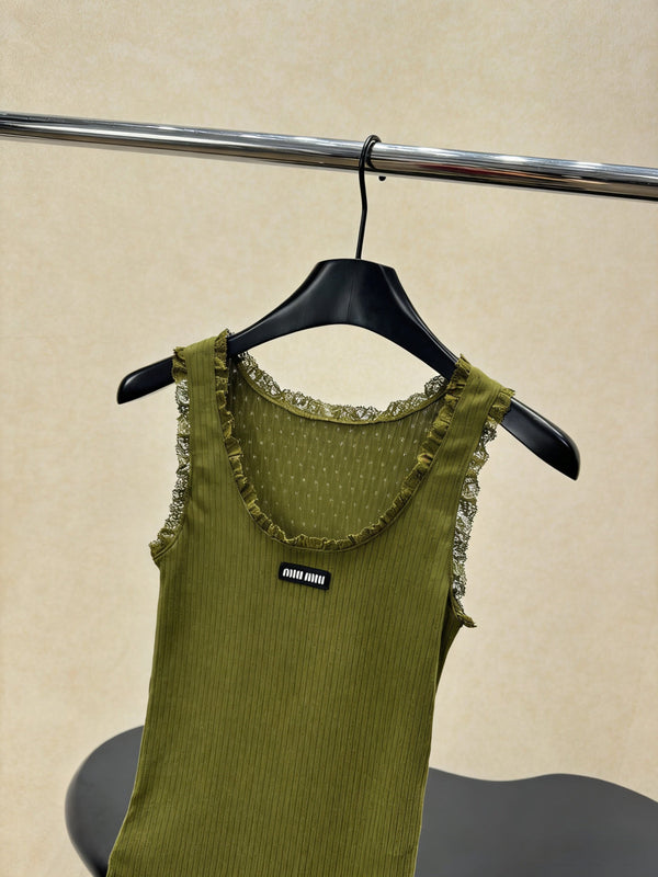 Miu Miu Gilet en maille vert olive orné de dentelle en coton 219026