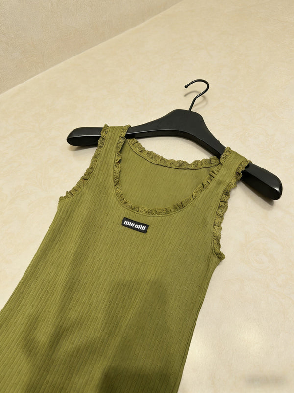 Miu Miu Gilet en maille vert olive orné de dentelle en coton 219026