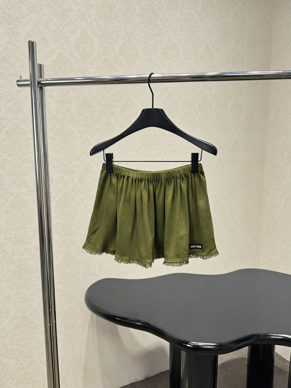 Miu Miu Olive Green Lace-trimmed Mini Culottes in Cotton 219021