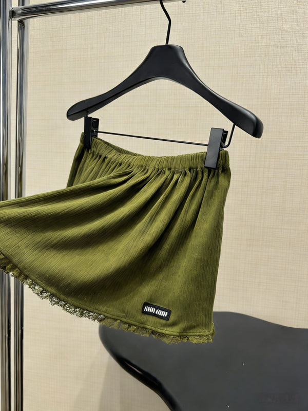 Miu Miu Olive Green Lace-trimmed Mini Culottes in Cotton 219021