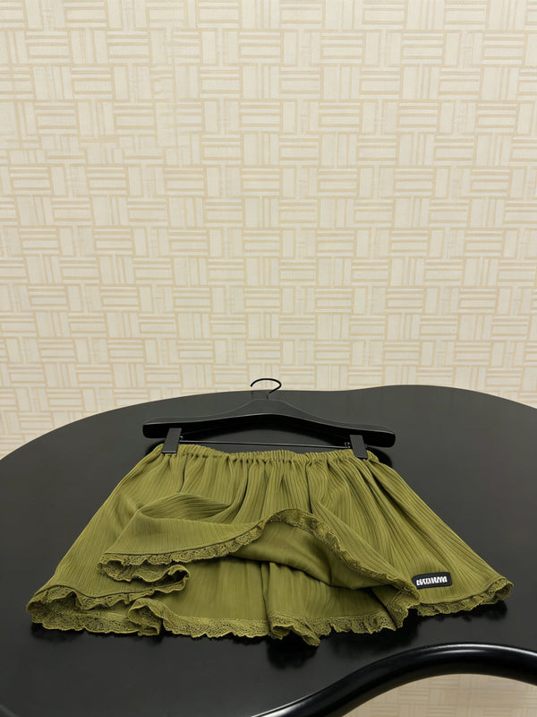 Miu Miu Olive Green Lace-trimmed Mini Culottes in Cotton 219021