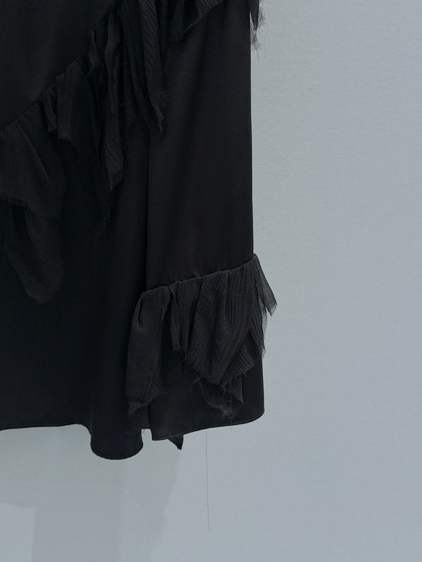 Chanel Ruffle Round Neck Top Black in Silk 209474