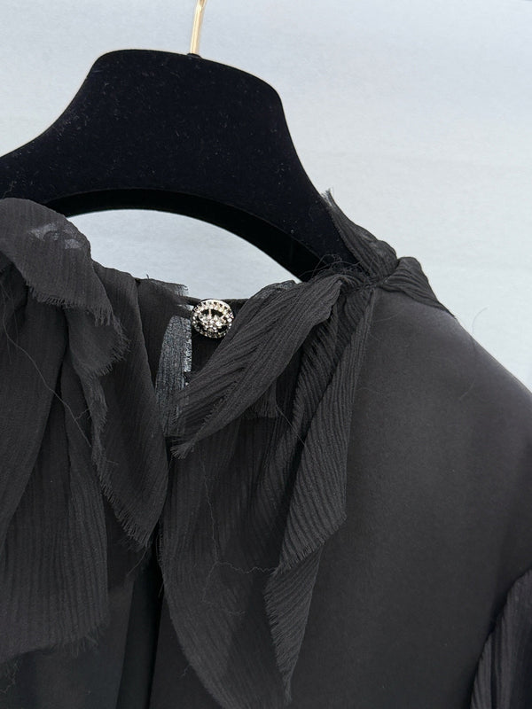 Chanel Ruffle Round Neck Top Black in Silk 209474